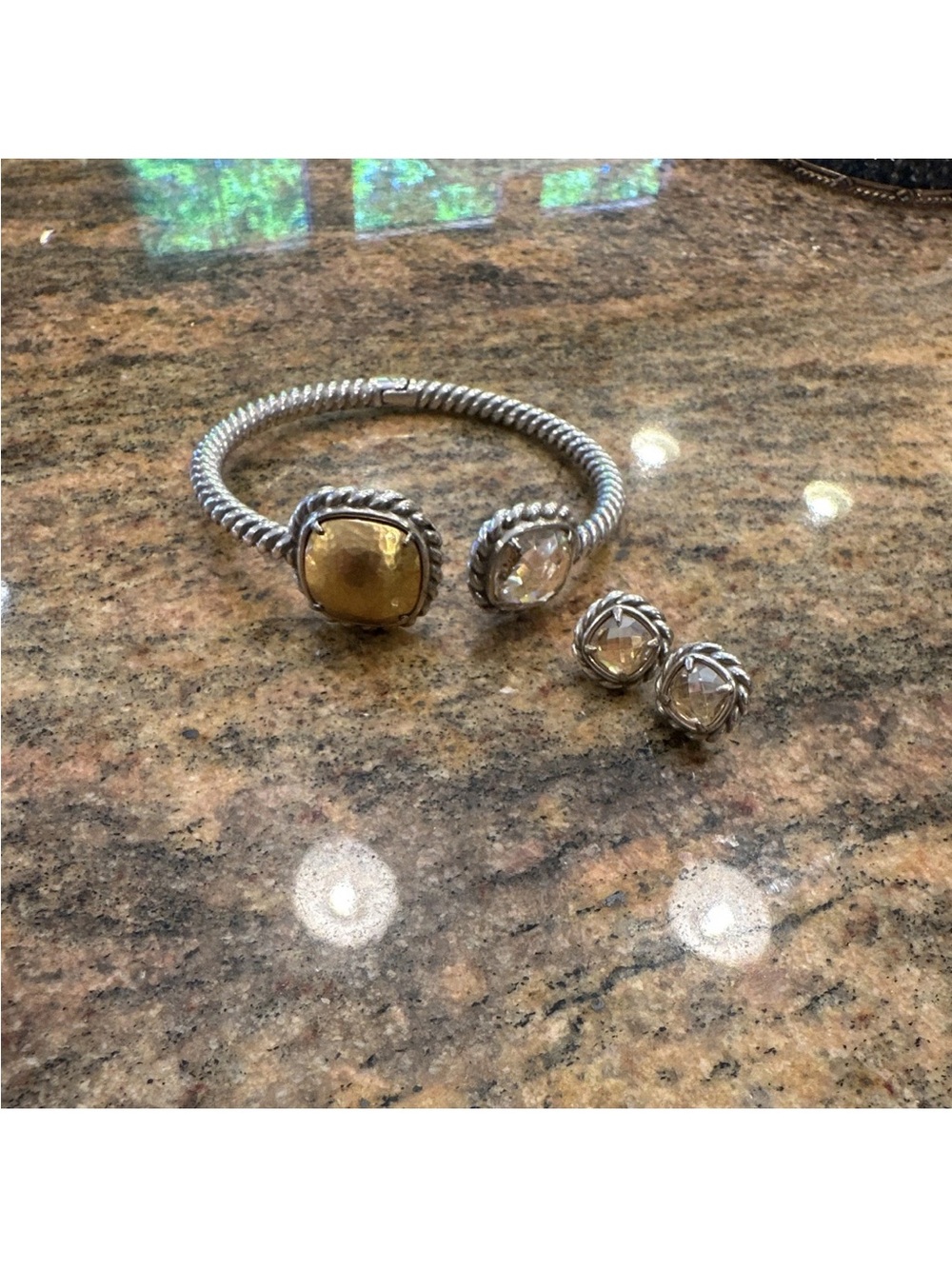 Two-Tone Silver and Gold Cable Cuff Bracelet with Matching Studs